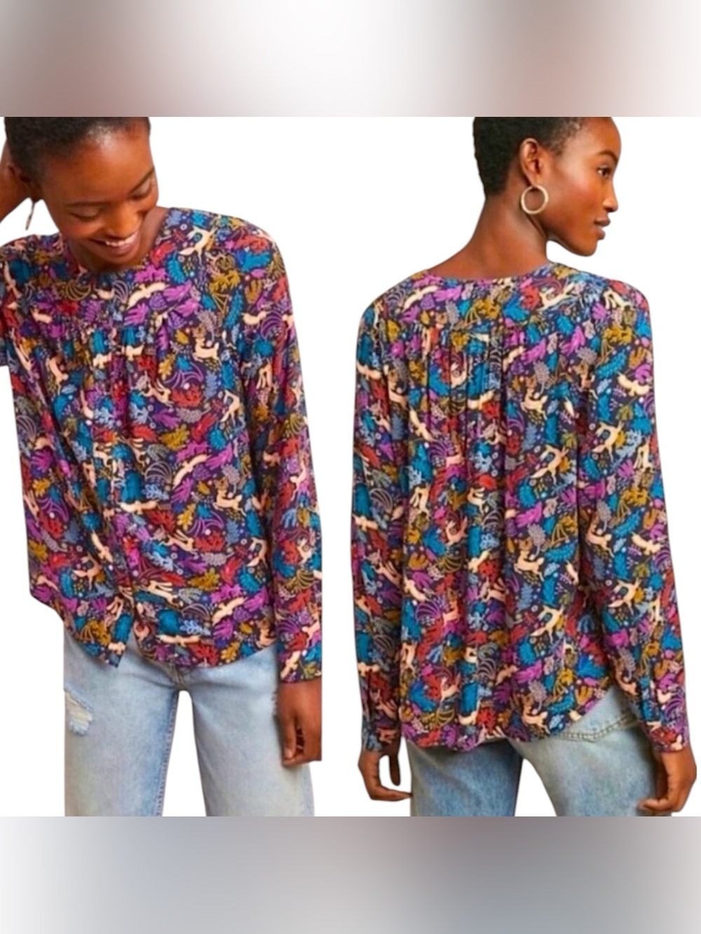 Anthropologie 25 of 52 Conversations Oh Deer Top Women’s Size 8 Woodland Animals